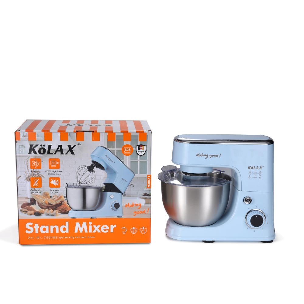 KOLAX Electric Stand Mixer with 5.2L Bowl, Household Food Mixer 6 Speeds 1200W, Kitchen Tilt-Head Bread Dough and Cake MKOLAX Dough Hook, Whisk, Beater, Splash Guard (Blue)