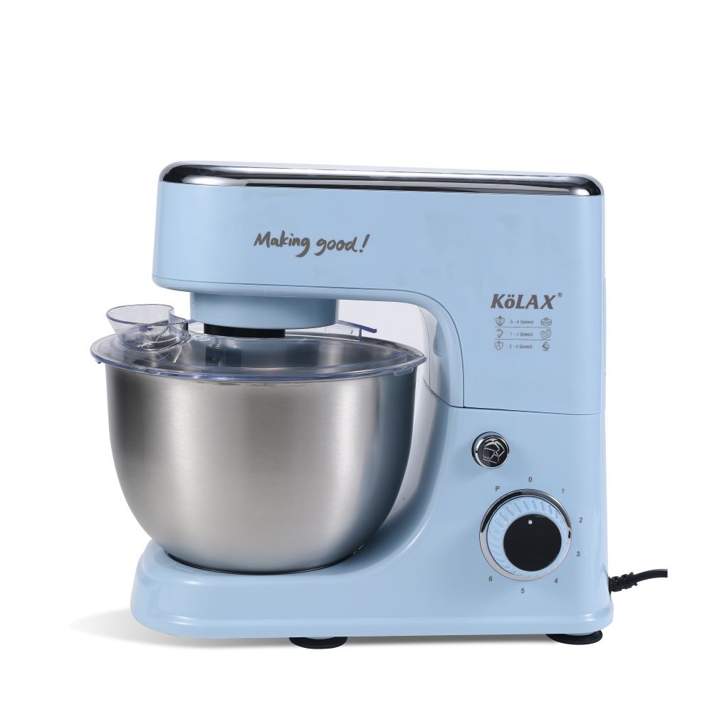 KOLAX Electric Stand Mixer with 5.2L Bowl, Household Food Mixer 6 Speeds 1200W, Kitchen Tilt-Head Bread Dough and Cake MKOLAX Dough Hook, Whisk, Beater, Splash Guard (Blue)
