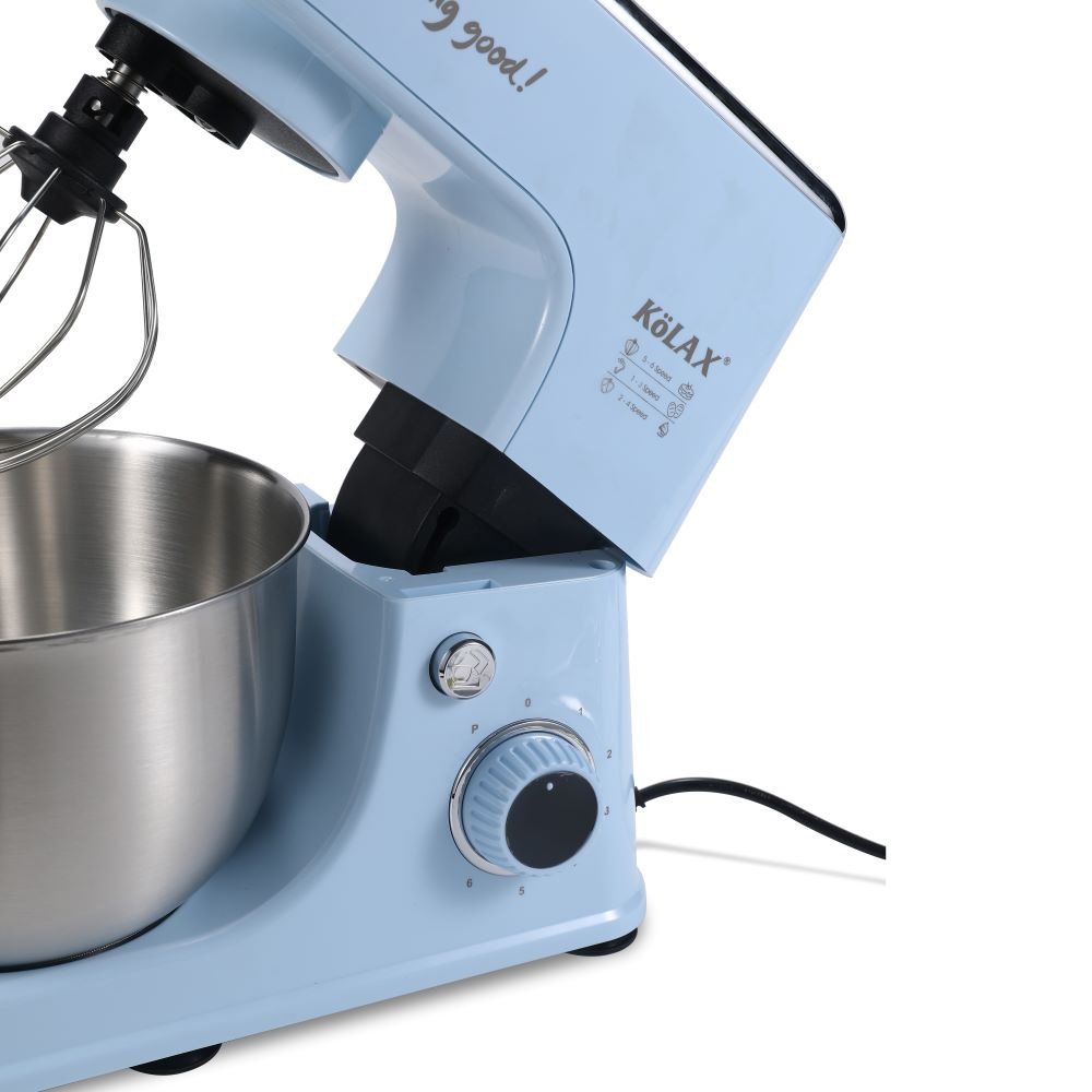 KOLAX Electric Stand Mixer with 5.2L Bowl, Household Food Mixer 6 Speeds 1200W, Kitchen Tilt-Head Bread Dough and Cake MKOLAX Dough Hook, Whisk, Beater, Splash Guard (Blue)