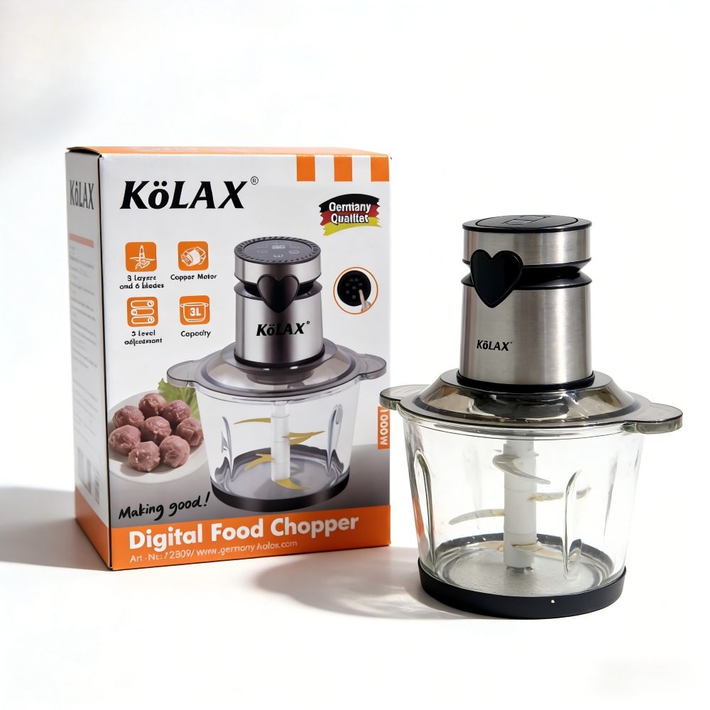 Kolax 3L Electric Glass Food Processor Digital Meat Grinder 1000w LED Time Display Electric Food Chopper Vegetable chopper 3 layers 6 blades